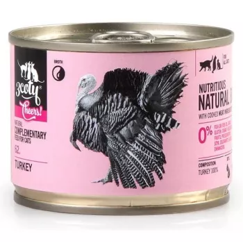 Comida húmida complementar para gatos 3coty TURKEY Cheers! lata 160 g — monoproteica, gatos adultos, sem glúten e sem açúcar