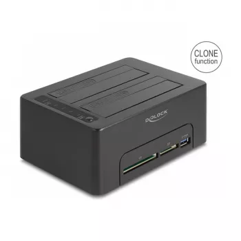 Estação de acoplamento USB dupla DeLOCK para 2 x SATA HDD SSD com função de clonagem e leitor de cartões