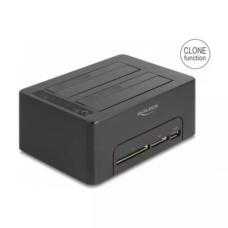 Estação de acoplamento USB dupla DeLOCK para 2 x SATA HDD SSD com função de clonagem e leitor de cartões