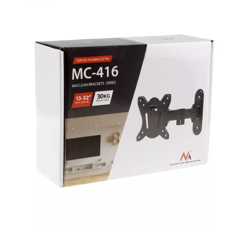 Suporte de parede para TV e monitor Maclean MC-416 13-32 30 kg inclinável rotativo máx. VESA 100x100 preto lacado a pó suporte universal LED OLED LCD