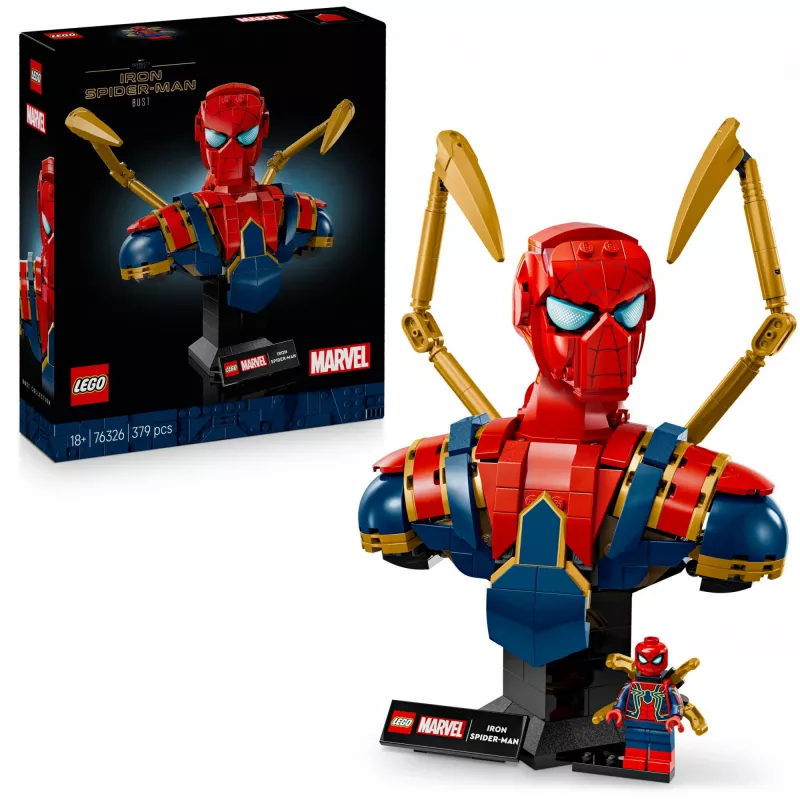 Busto de colecionador LEGO Marvel Iron Spider-Man 76326, 379 peças, modelo de exposição 18+, 170×200×110 mm