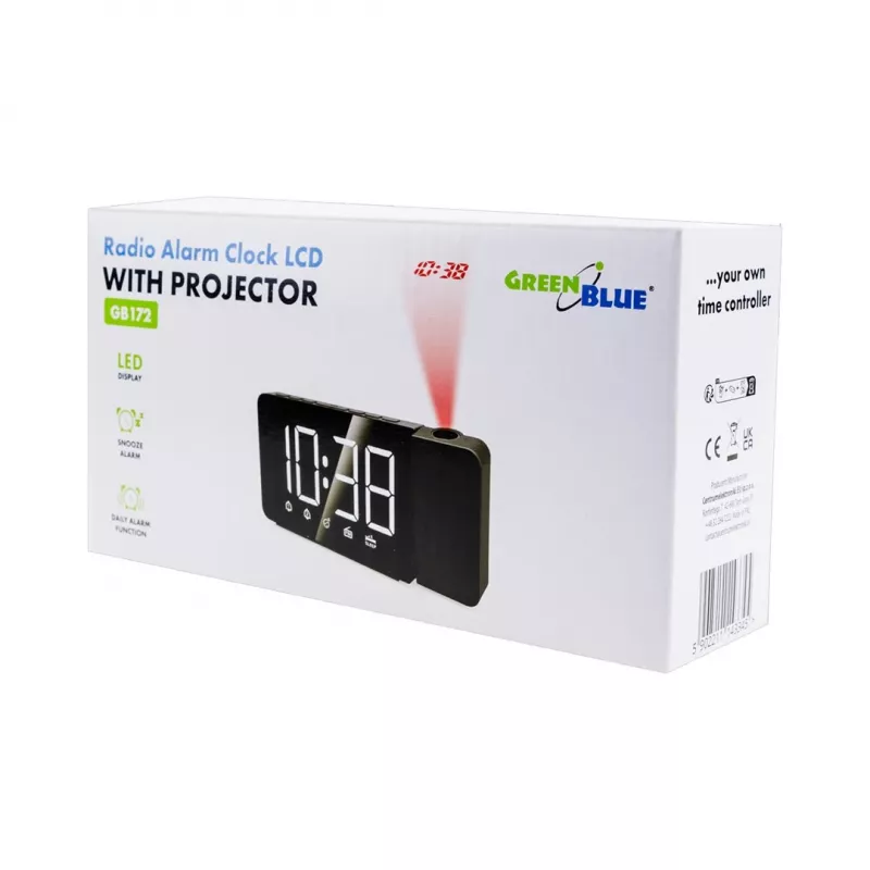 Rádio-relógio LED digital GreenBlue GB172 com sintonizador FM, projetor, termómetro, alimentação USB 5V e CR2032
