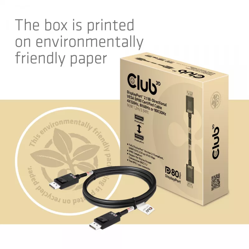 Club 3D CAC-1091 cabo DisplayPort 2.1, certificado VESA DP80, bidirecional, 4K120Hz / 8K60Hz / 10K30Hz, macho/macho, 1,2 m