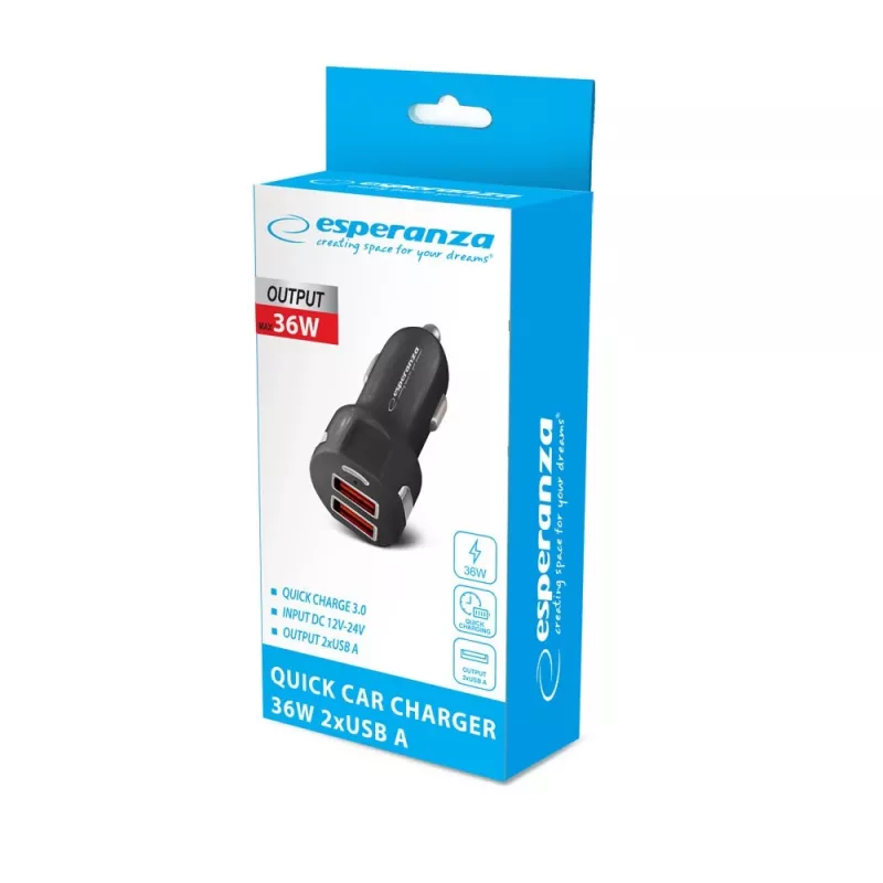 Esperanza EZ110 (EZC110K) carregador de automóvel, 36 W, 2x USB-A de 18 W, preto