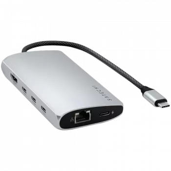 Dock para portátil / replicador de portas Satechi ST-P8KES — com fios, USB 3.2 Gen 1 Type-C, Gigabit Ethernet, cartão SD, prateado