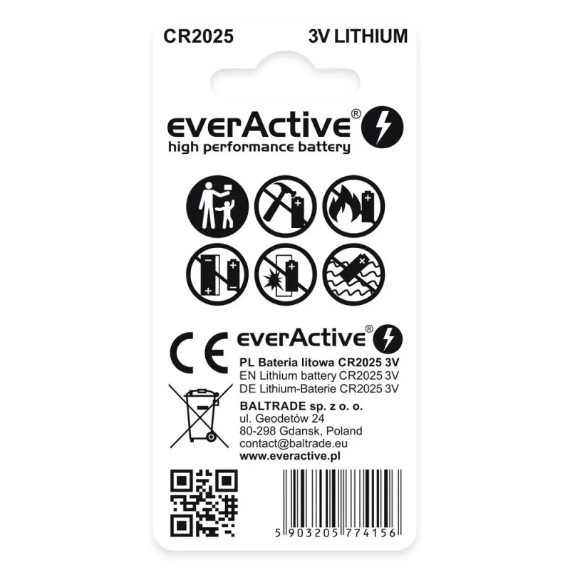 Pilha de lítio botão everActive CR2025 - blister 2 unid.