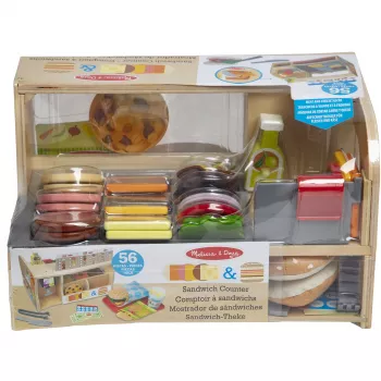 Melissa & Doug balcão de sanduíches de madeira com máquina de cortar – conjunto de 56 peças de alimentos de brincar – certificado FSC