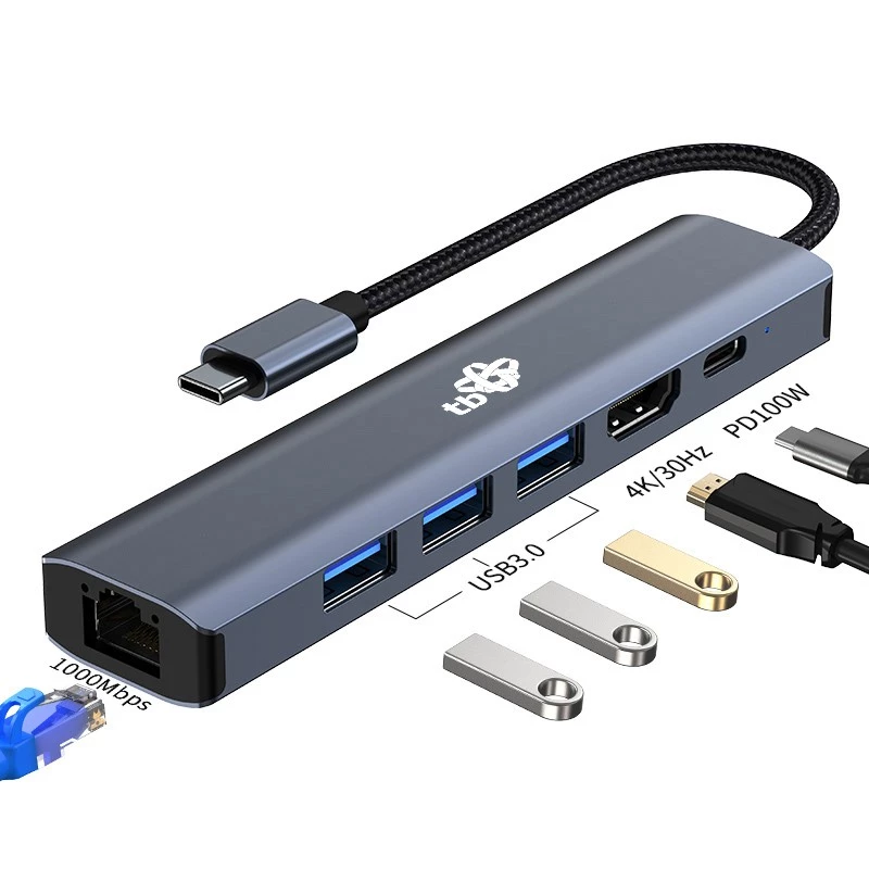Adaptador HUB USB C 6in1 - HDMI, USBx3, PD, RJ-45