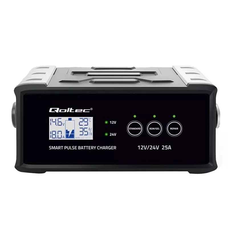 Carregador de bateria QOLTEC 52514 — 12V/24V, 25A, para baterias AGM/GEL/SLA com visor LCD