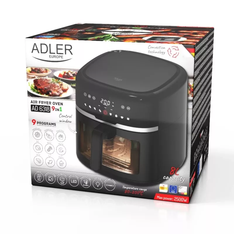 Adler AD 6318 fritadeira de ar, 8 l, 2500 W, ecrã LCD, 9 programas, preta