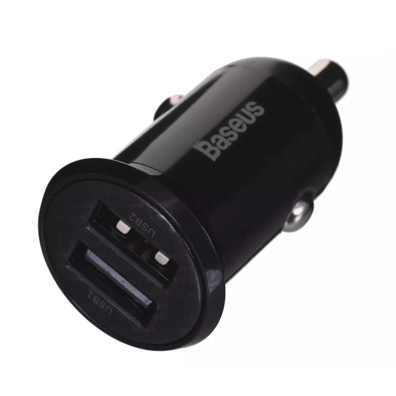 Carregador de automóvel Baseus Gain Pro universal preto – 2× USB 2.0, 2,4 A por porta, entrada 12–24 V, saída 5 V