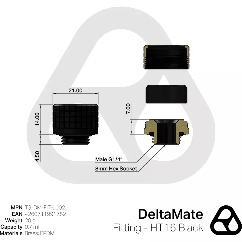 Thermal Grizzly DeltaMate HT16 Conector de refrigeração líquida, Preto