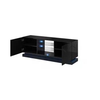 Móvel de TV cama meble QIU 160 — MDF preto brilhante, 1600×420×570 mm