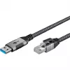 Cabo Ethernet USB-A 3.2 Gen1 macho > RJ-45 macho, adaptador LAN preto/prateado, 2 metros, revestimento têxtil entrançado