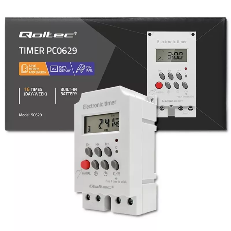 Temporizador eletrónico para calha DIN QOLTEC PC0629 — alimentação 24V, saída 16A
