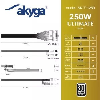 Fonte de alimentação TFX Akyga AK-T1-250 250 W, 80 PLUS Gold, PFC ativo, ventoinha de 80 mm, cinzento