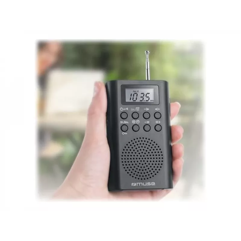 Rádio portátil Muse M-03 R com sintonização FM-PLL, visor LCD, antena externa, preto