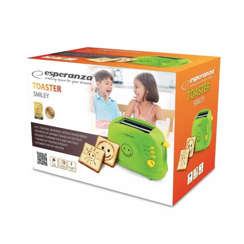 Torradeira elétrica de mesa ESPERANZA EKT003, 2 fatias, 750 W, 7 níveis de tostagem, função de descongelação, gaveta de migalhas removível, verde