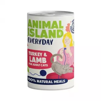Alimento húmido para gatos Animal Island Everyday Peru e borrego 400 g — Alimento completo para gatos adultos, proteína 11,1 %, gordura 5,3 %, humidade 78,8 %