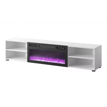 Móvel de TV cama meble POLO 180x33x39 cm com lareira elétrica 1400–1600 W, laminado, branco/preto