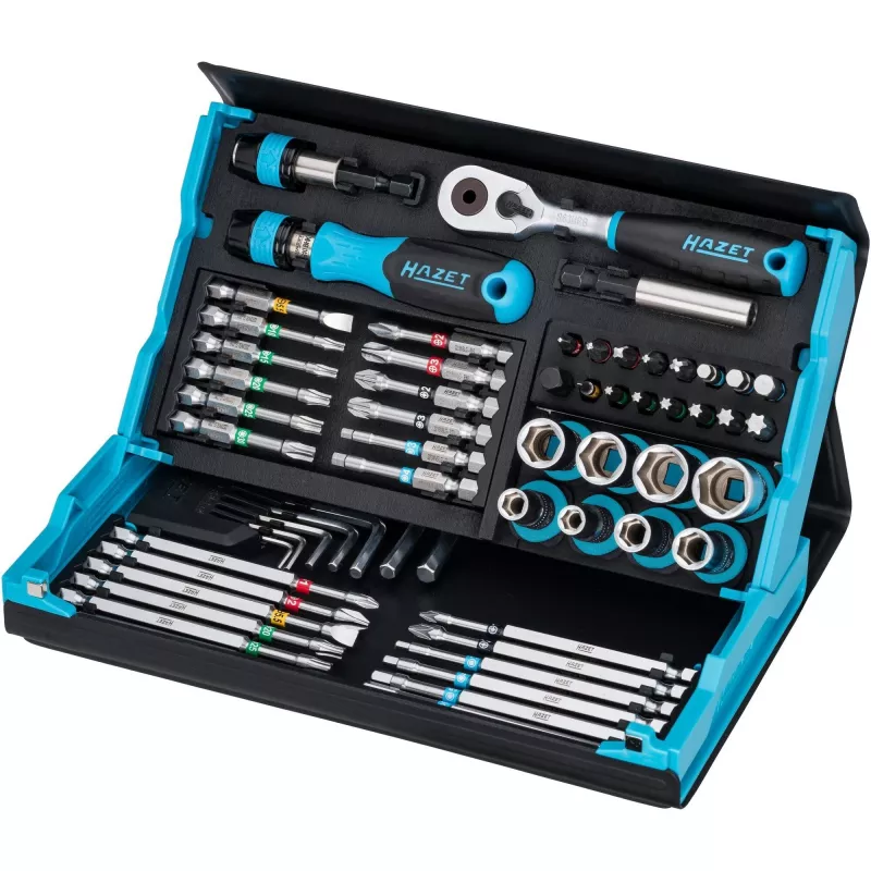 Conjunto de chaves de caixa e bits Hazet 2200SC-32 — 59 peças, catraca reversível 1/4 polegadas, preto/azul