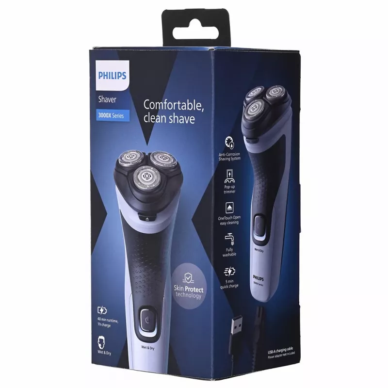 Máquina de barbear elétrica rotativa Philips Série 3000X X3003/00 — 3 cabeças, molhado e seco, bateria NiMH, 40 min. de autonomia