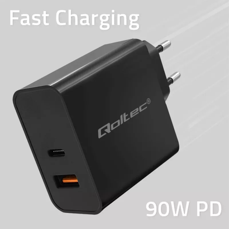 Carregador Qoltec 52381 Super Quick PD | 1xUSB-C | 1xUSB | 90W | 5-20V | 2,4-4,35A | preto