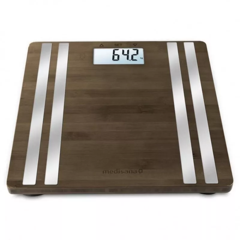 Balança de pessoa eletrónica Medisana BS 552 — cor prateada com superfície de bambu, máx. 180 kg, precisão de 100 g, Bluetooth, IMC, composição corporal