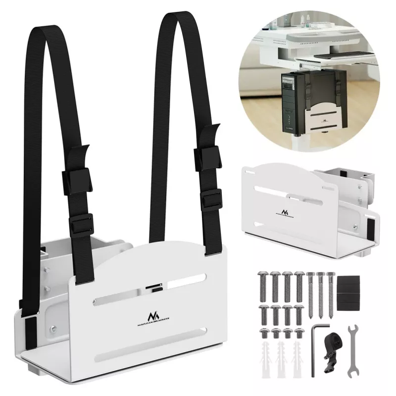 Suporte para CPU MACLEAN MC-116W, design ajustável em altura e orientável para montagem sob a secretária
