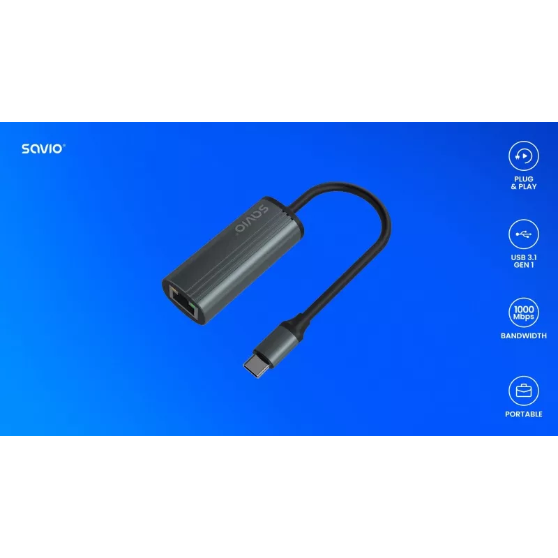 Adaptador SAVIO USB-C 3.1 Gen.1 (M) para RJ-45 Gigabit Ethernet (F), 1000 Mbps, AK-56, cinzento