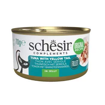 Alimento húmido para gatos Agras Pet Foods SCHESIR Complements Atum com Peixe-espada em Gelatina 70 g, 85% humidade, 12,5% proteína