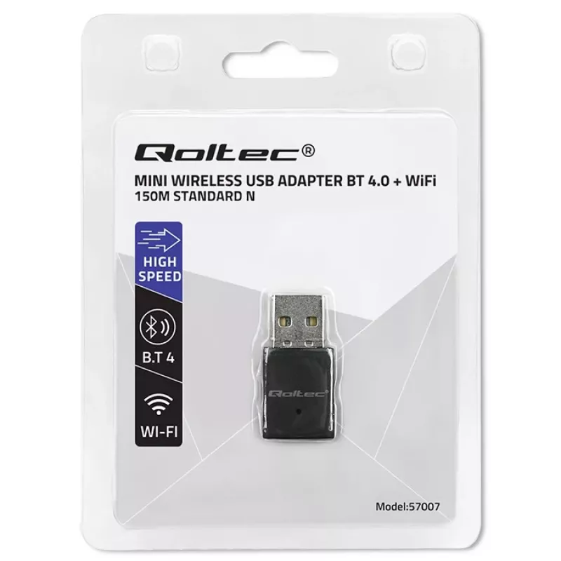 Adaptador Wi-Fi Mini USB sem fios compacto QOLTEC 57007 – Single-Band 2,4 GHz, até 150 Mbit/s, antena interna
