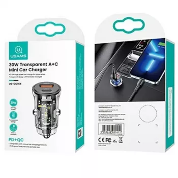 Carregador de automóvel usams CC164CC01 30W com 1×USB-A e 1×USB-C para carregamento rápido