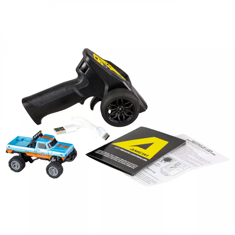 Monster Truck radiocontrolado Amewi DieCast 1:64 RTR, azul/laranja