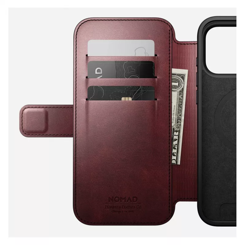 Capa para telemóvel Nomad Modern Leather Folio para iPhone 17 Pro Max — pele, TPU, PC, alumínio, borgonha, 16 cm (6,3 polegadas)
