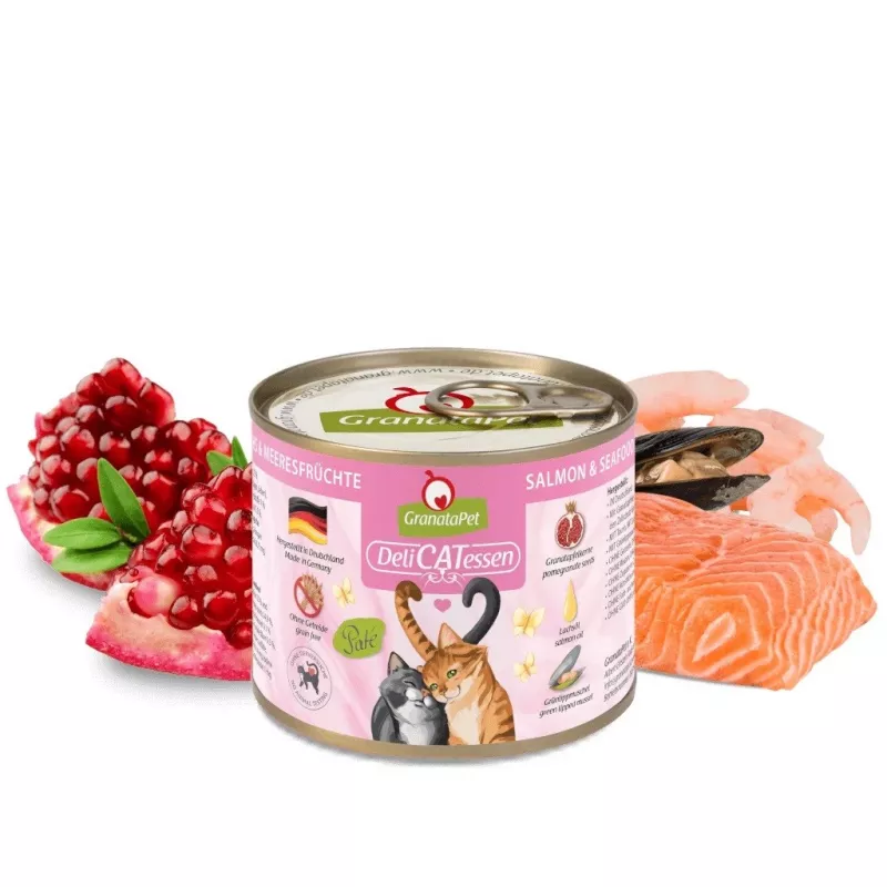 GranataPet DeliCATessen comida húmida para gatos, salmão e marisco, 200 g