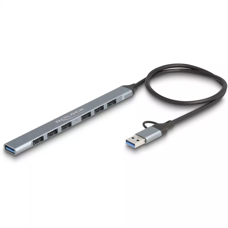 Delock 64273 hub USB fino de 7 portas, USB Type-C ou Type-A para 1x USB 5 Gbps Type-A + 6x USB 2.0 Type-A