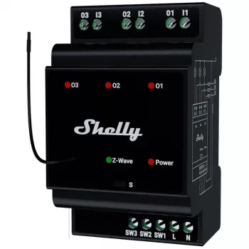 Relé inteligente Shelly Wave PRO 3 — preto, caixa de plástico, 110–240 V AC, 50–60 Hz, 0,3 W, 53×59×96 mm