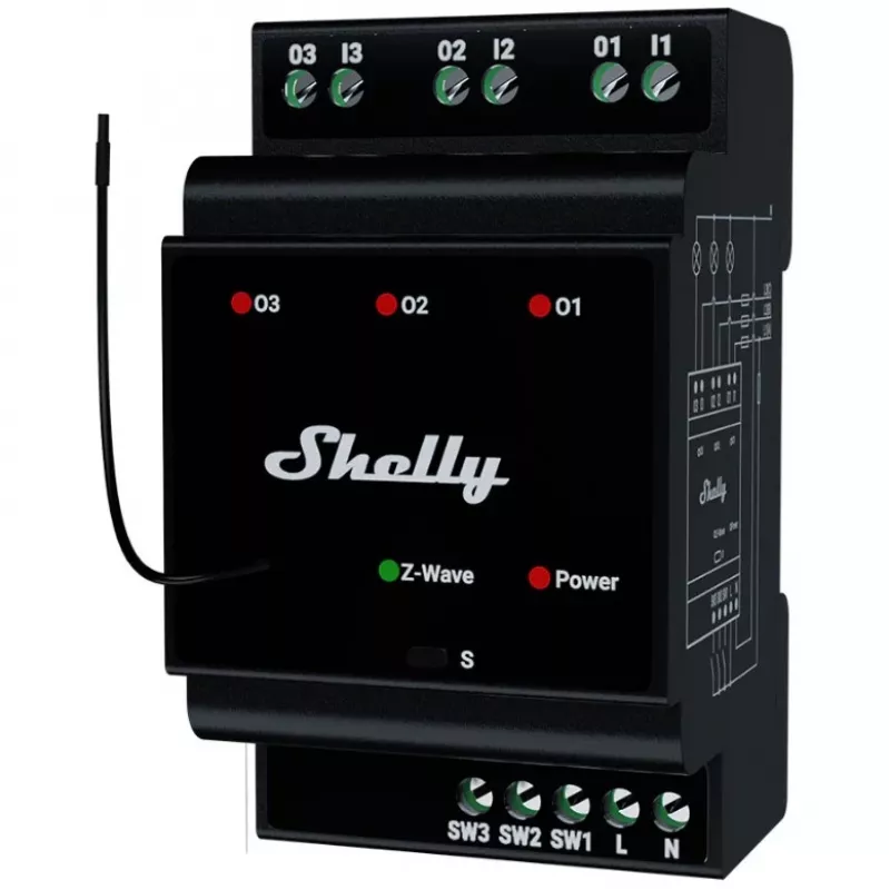 Relé inteligente Shelly Wave PRO 3 — preto, caixa de plástico, 110–240 V AC, 50–60 Hz, 0,3 W, 53×59×96 mm