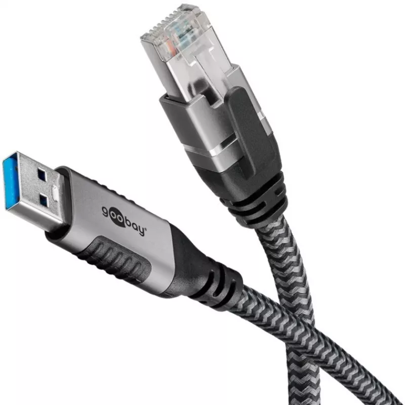 Cabo Ethernet USB-A 3.2 Gen1 macho > RJ-45 macho, adaptador LAN preto/prateado, 10 metros, revestimento têxtil entrançado