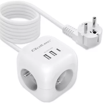 Power Cube QOLTEC 52547 Régua de tomadas 3×tomadas AC, 2×USB-A, 1×USB-C PD 20W