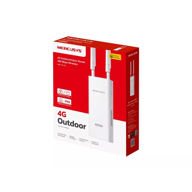 Router WLAN TP-LINK MB118-4G — 4G LTE, Single-Band 2,4 GHz, Wi‑Fi 4 (802.11n), 300 Mbit/s, Fast Ethernet, 4 antenas externas, branco