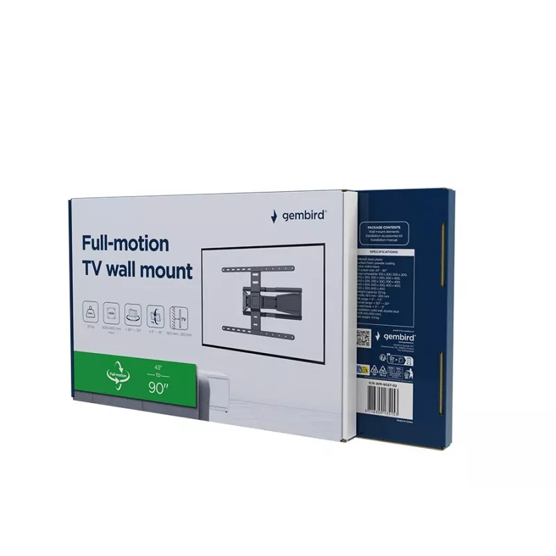 Suporte de parede para TV totalmente articulado GEMBIRD WM-90ST-02 para ecrãs de 43–90 polegadas, suporte articulado, VESA 100x200–600x400, capacidade de carga 50 kg