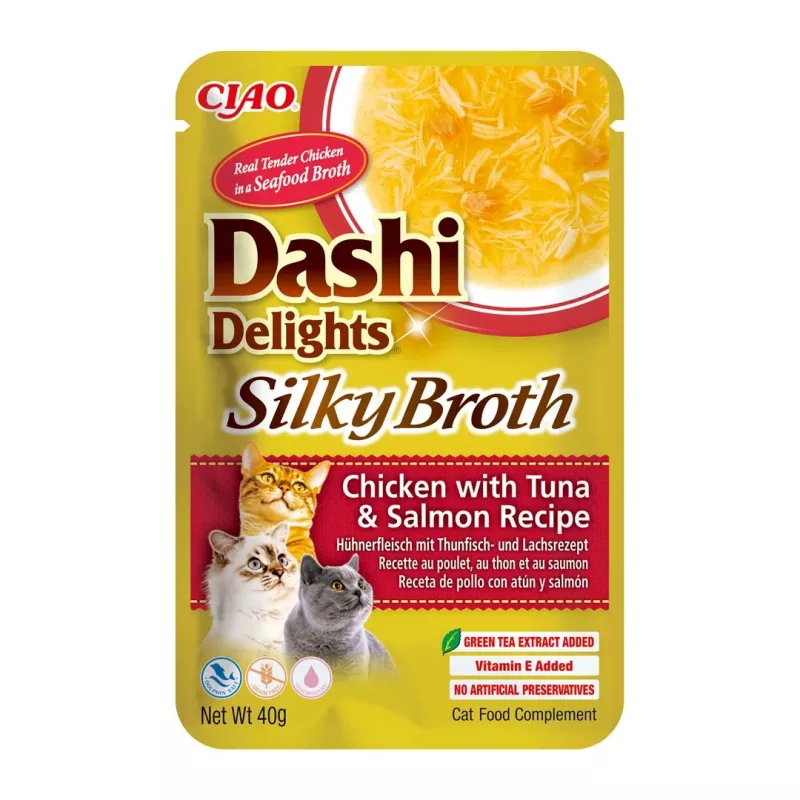 Snack de comida húmida para gatos INABA Dashi Delights caldo sedoso – frango com atum e salmão, 40 g saqueta, 93 % de humidade, apoio digestivo dietético