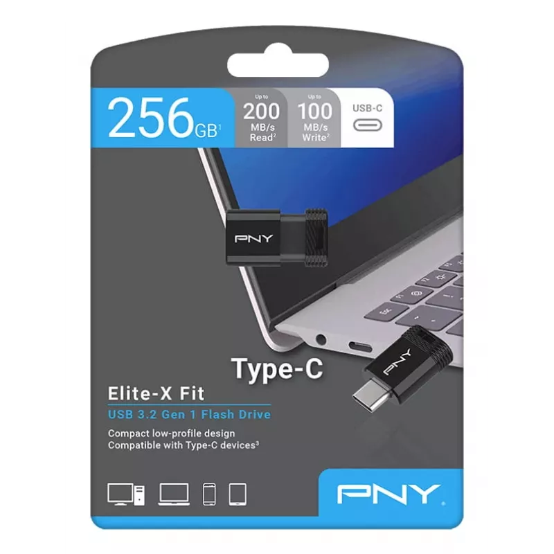 Pen USB PNY Elite-X 256 GB USB Type-C 3.2 Gen 1 (leitura 200 MB/s, escrita 100 MB/s) preto