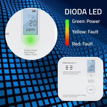 Sensor de monóxido de carbono QOLTEC 52577 — alarme a pilhas, nível sonoro 85 dB