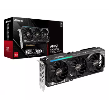 Placa gráfica ASRock Challenger Radeon RX 9070 XT — 16 GB GDDR6, 256 bits, PCIe 5.0, refrigeração ativa com 3 ventoinhas