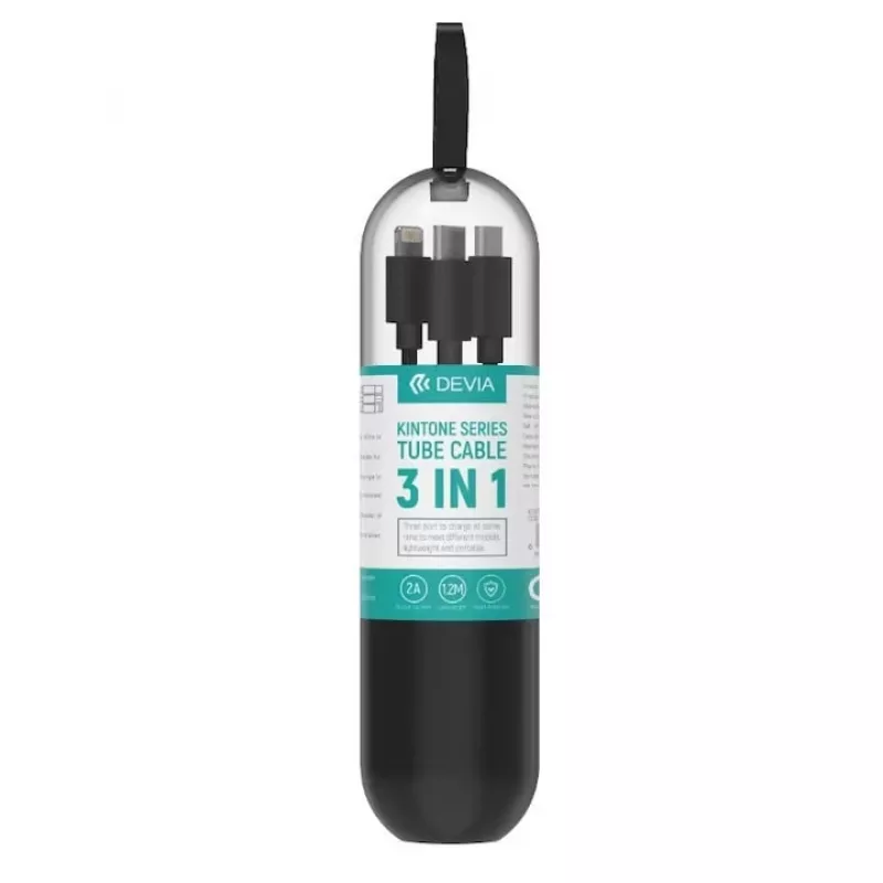 Cabo de carregamento e dados USB 3-em-1 Devia Kintone Series — Lightning, Micro-USB, USB-C, 1,2 m, preto