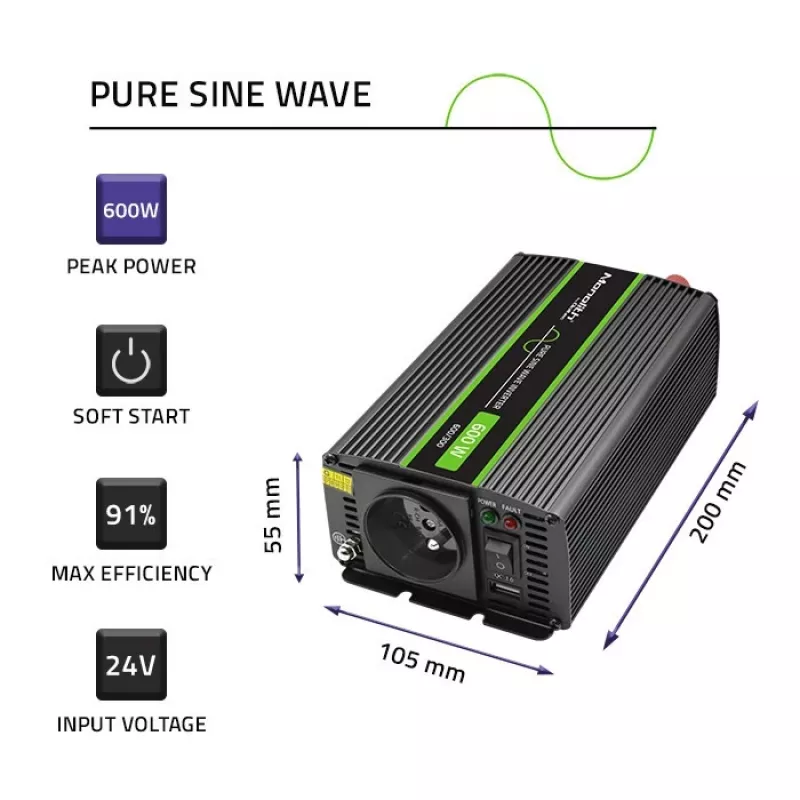Adaptador/inversor de alimentação para automóvel Qoltec Monolith 600 W preto