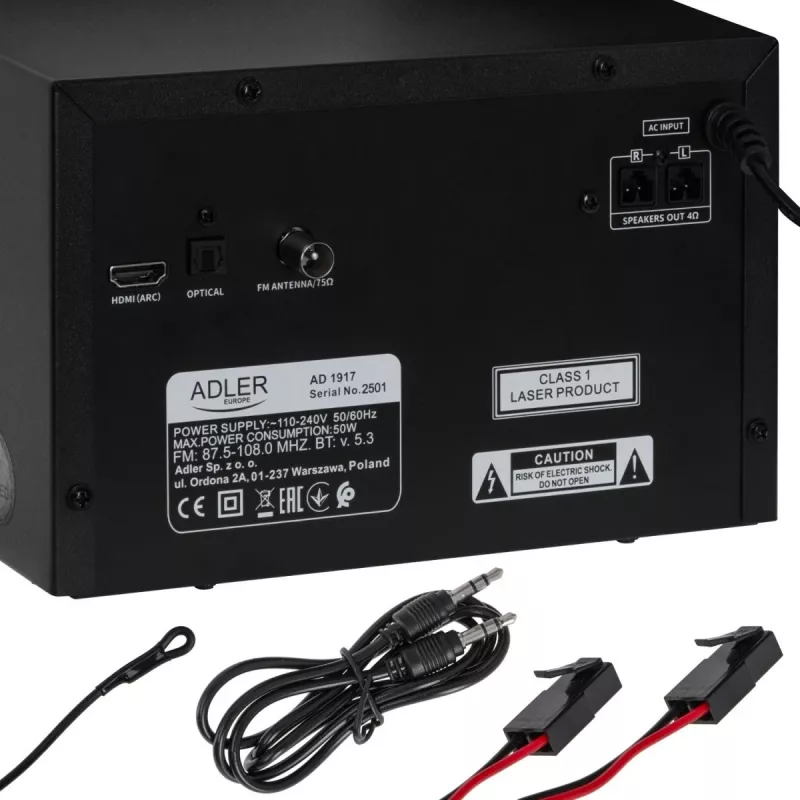 Mini sistema de alta fidelidade estéreo Adler AD 1917 — Bluetooth V5.3, CD/USB/MP3, 2×25 W RMS, sintonizador FM, equalizador de 4 bandas, AUX, preto